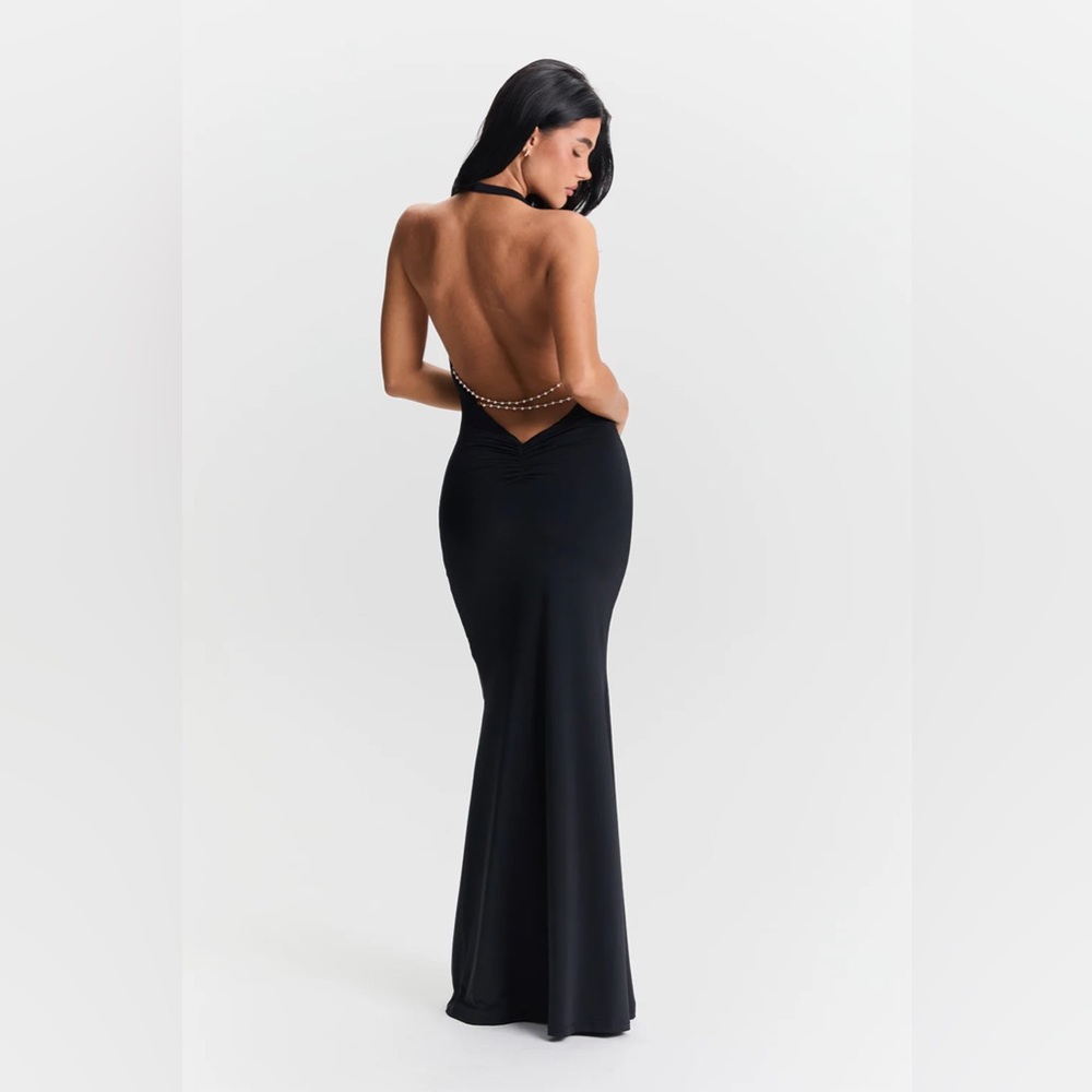 Sasha Therese Elevant Black Backless Dress with Pearls